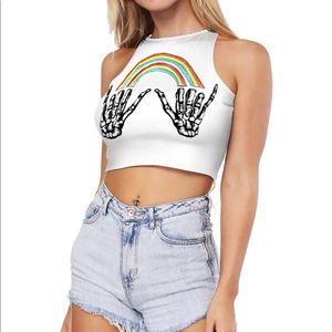 High Neck Crop Top White Skull Rainbow